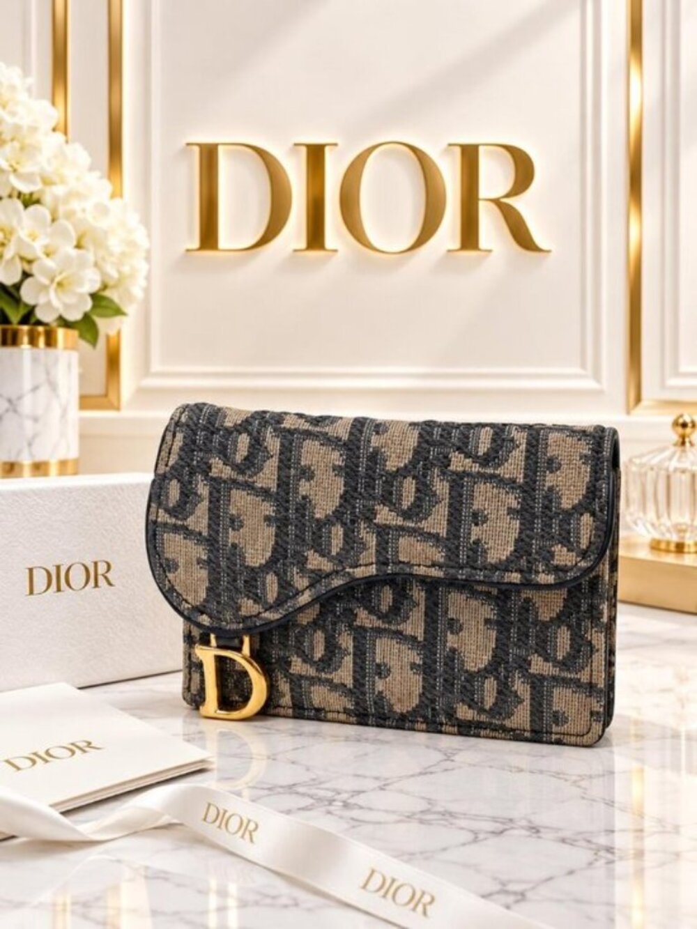 Authentic Dior Saddle Oblique Jacquard Card Holder Wallet Gold D Luxury